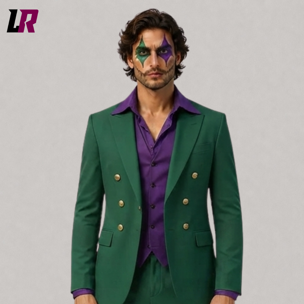 Close-up of a men's green and purple Joker-inspired Halloween suit with bold gothic formal styling