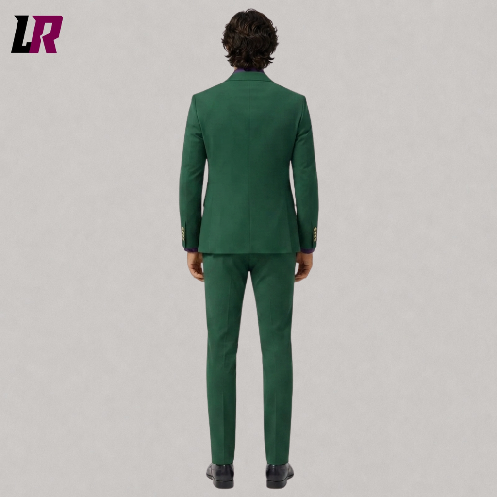 Back view of a custom men's green and purple Halloween suit showing its tailored formal silhouette