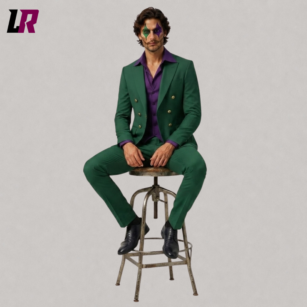 Man sitting on a stool wearing a green and purple Joker-inspired Halloween formal suit