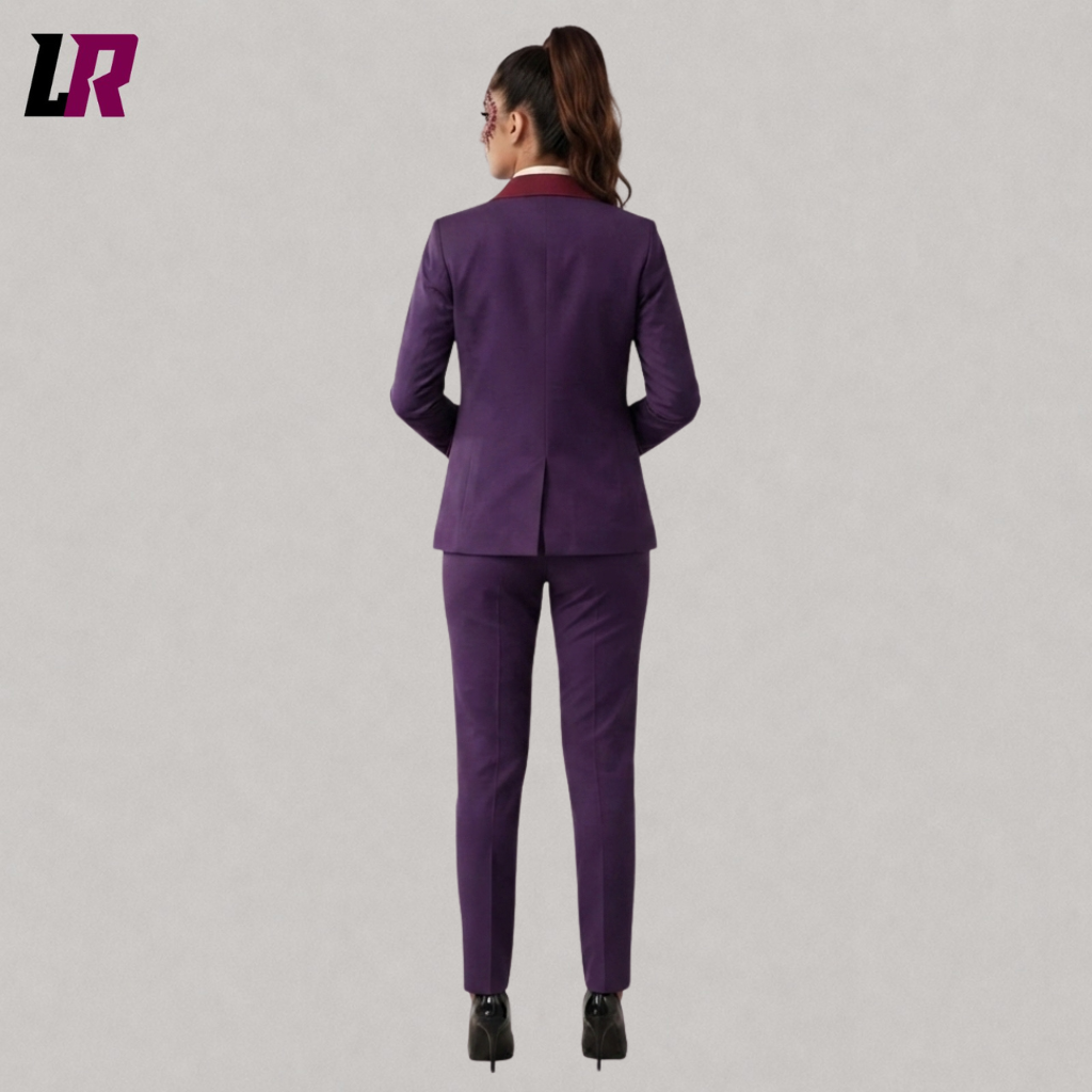 Back view of a women's purple and burgundy Joker-inspired Halloween suit showing the tailored silhouette