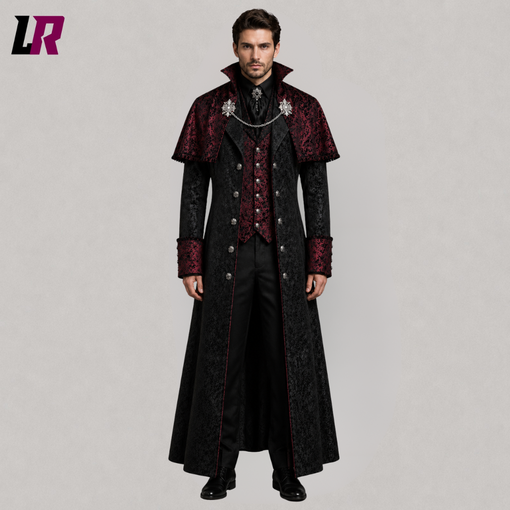 Men's black and burgundy Halloween gothic long coat with Victorian brocade design and shoulder cape, front view