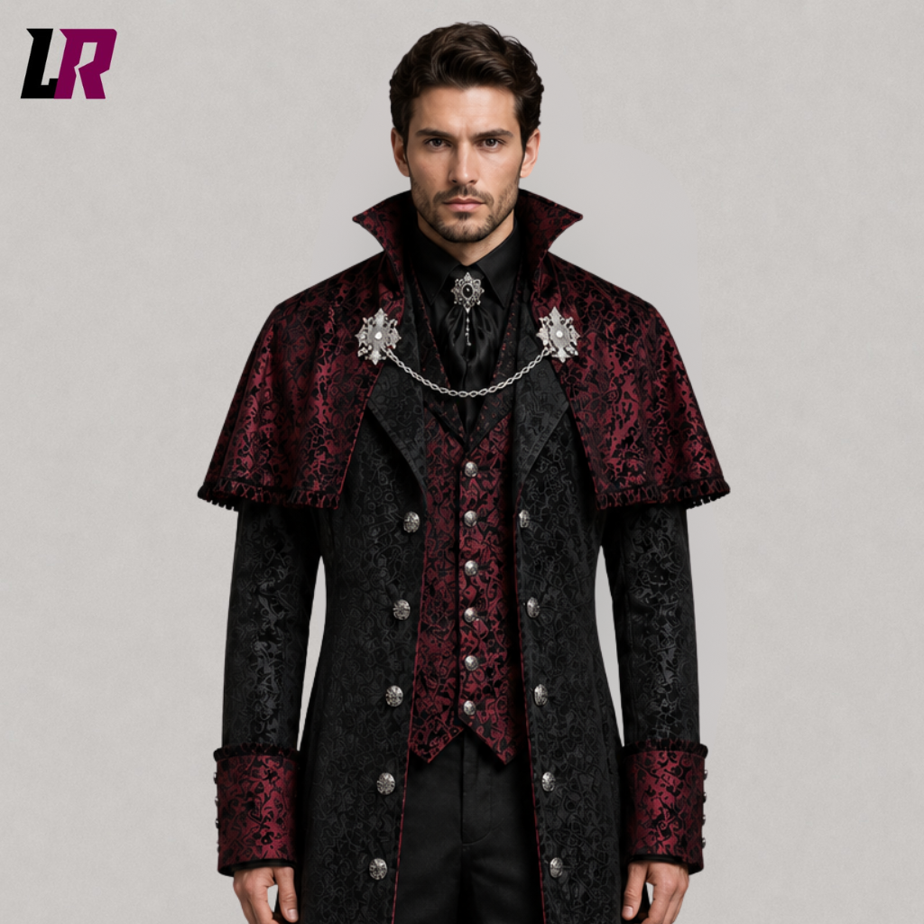 Close-up of men's black and burgundy Halloween gothic coat showing Victorian brocade fabric, raised collar and decorative buttons