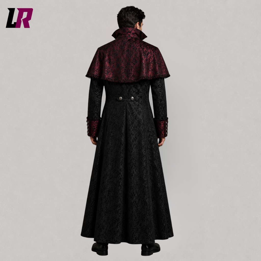 Back view of men's black and burgundy Halloween gothic long coat with Victorian brocade shoulder cape