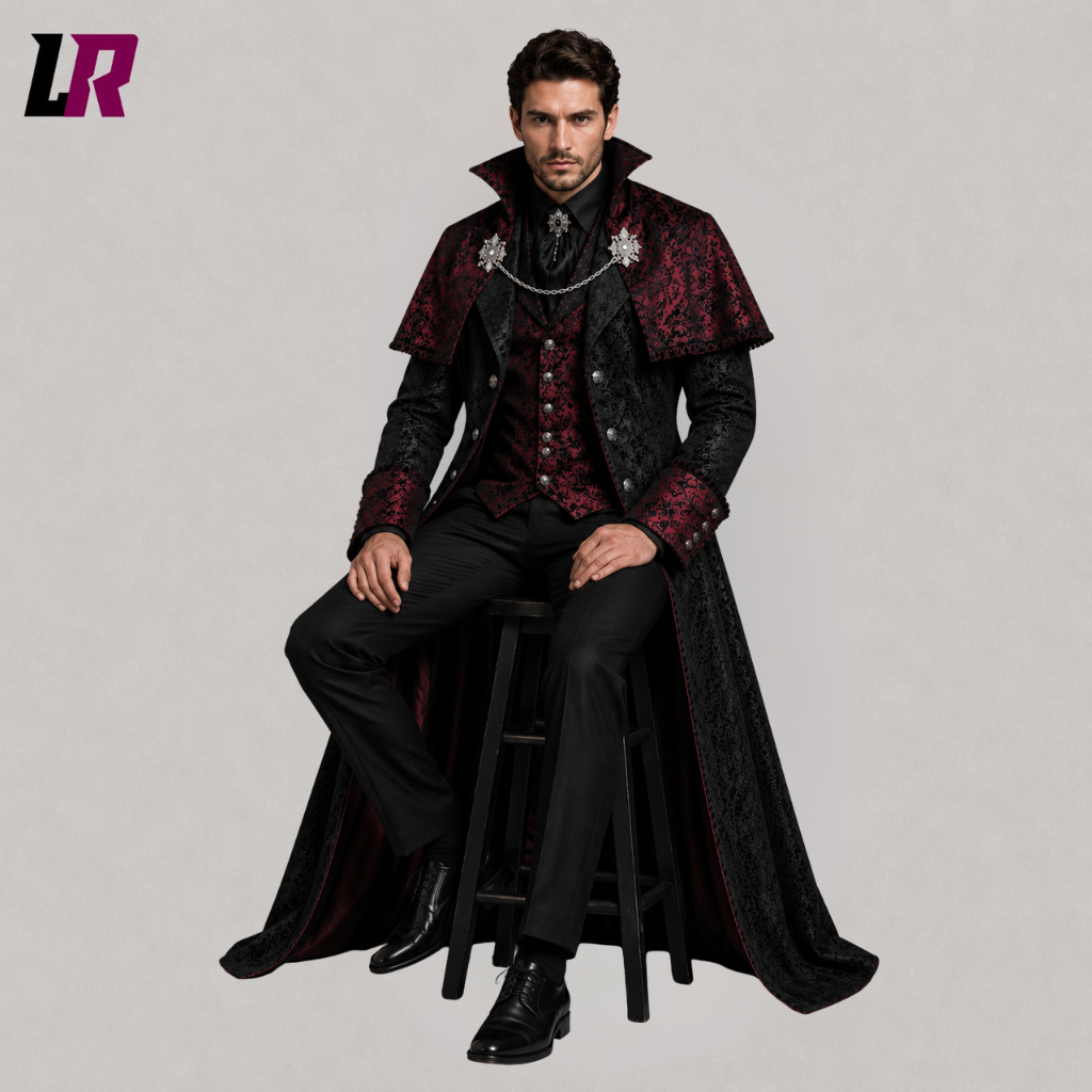Man sitting on a stool wearing a black and burgundy Victorian gothic Halloween long coat with shoulder cape