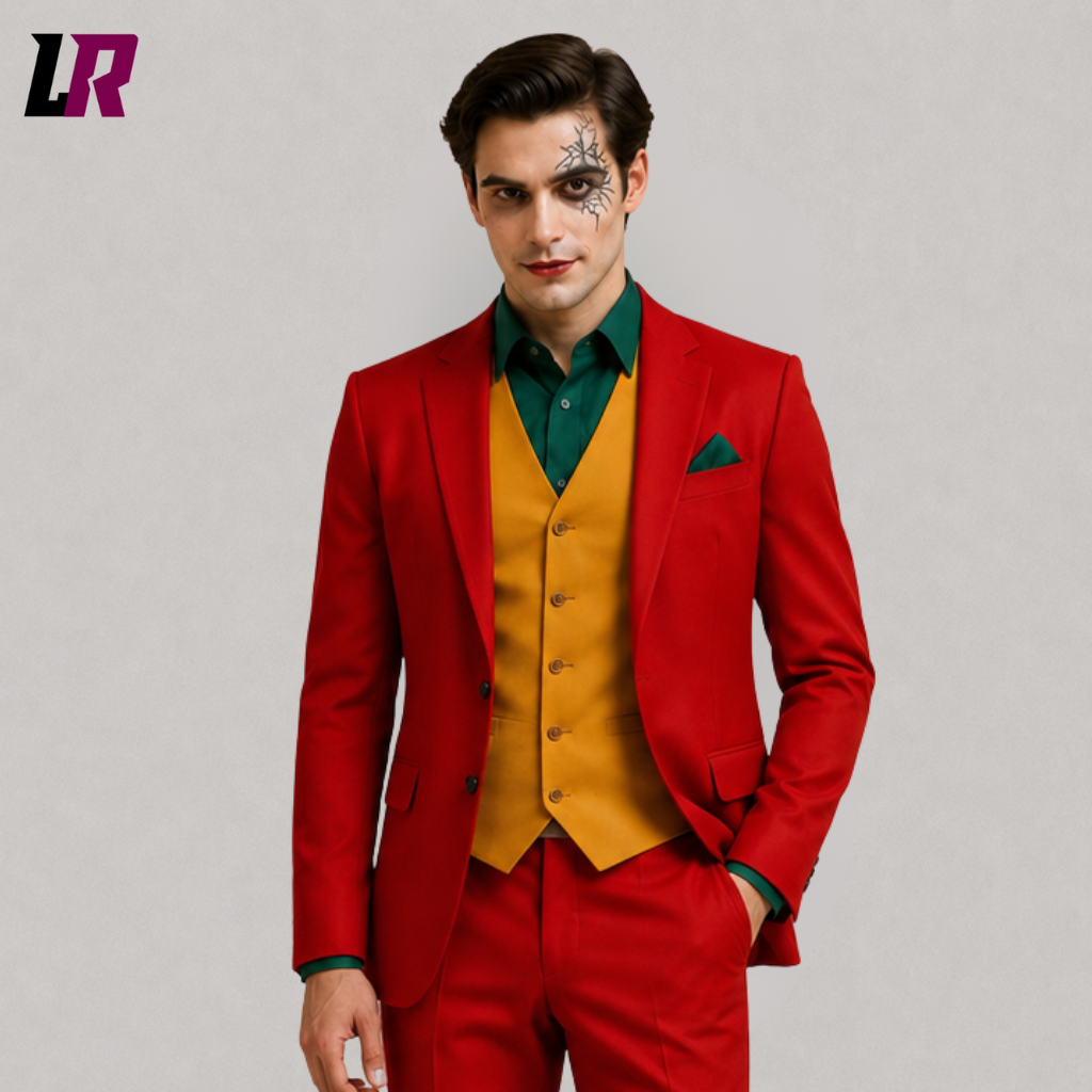 Close-up of men's red Joker Halloween costume suit, Joker inspired formal wear with red tailored jacket, waistcoat and detailed 3 piece design