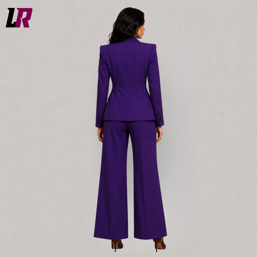 Back view of women's purple burgundy Joker inspired Halloween costume, gothic formal pantsuit, purple burgundy women's suit, villain cosplay outfit