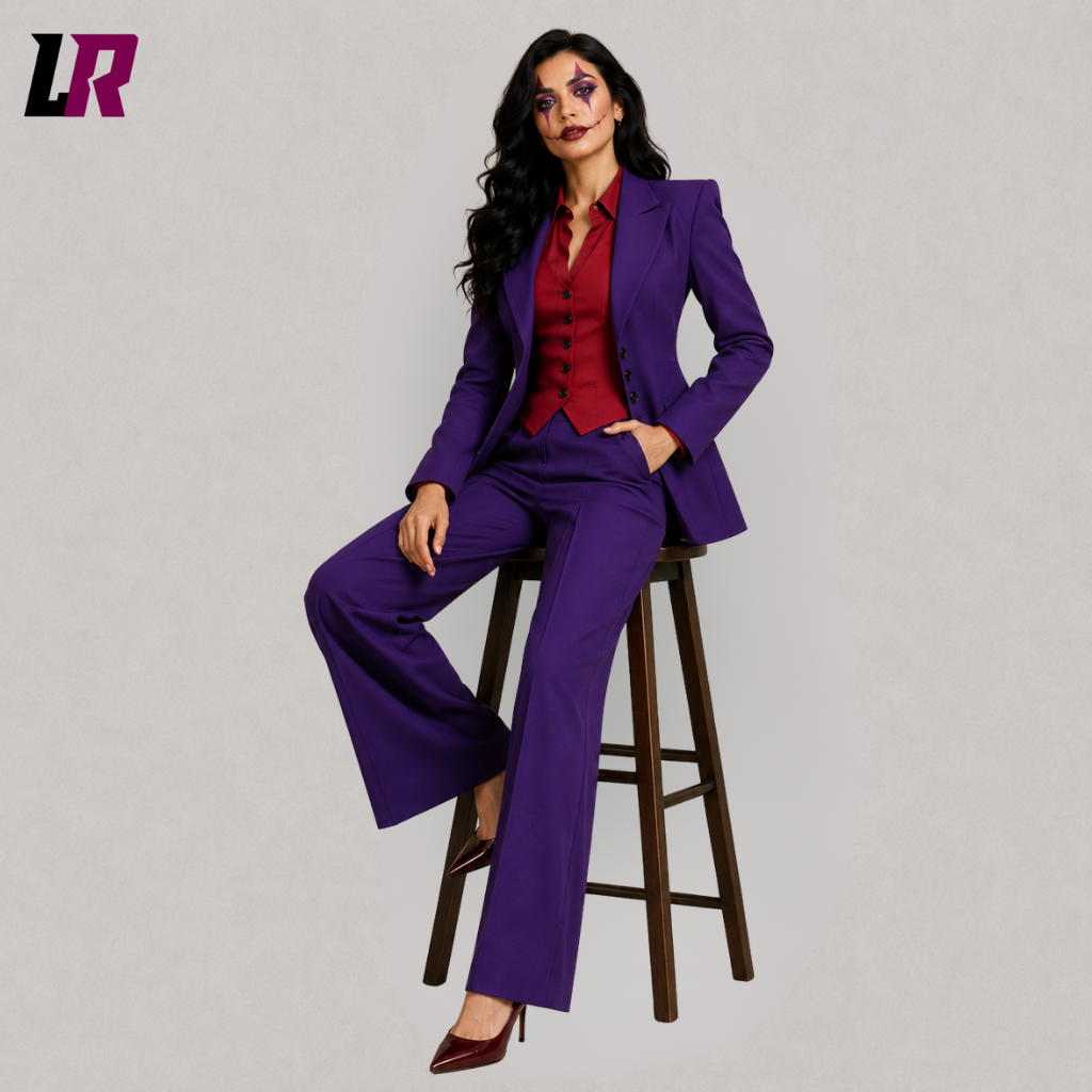 Woman sitting on stool wearing a purple burgundy Joker inspired Halloween suit, women's gothic pantsuit costume, villain inspired formal cosplay outfit