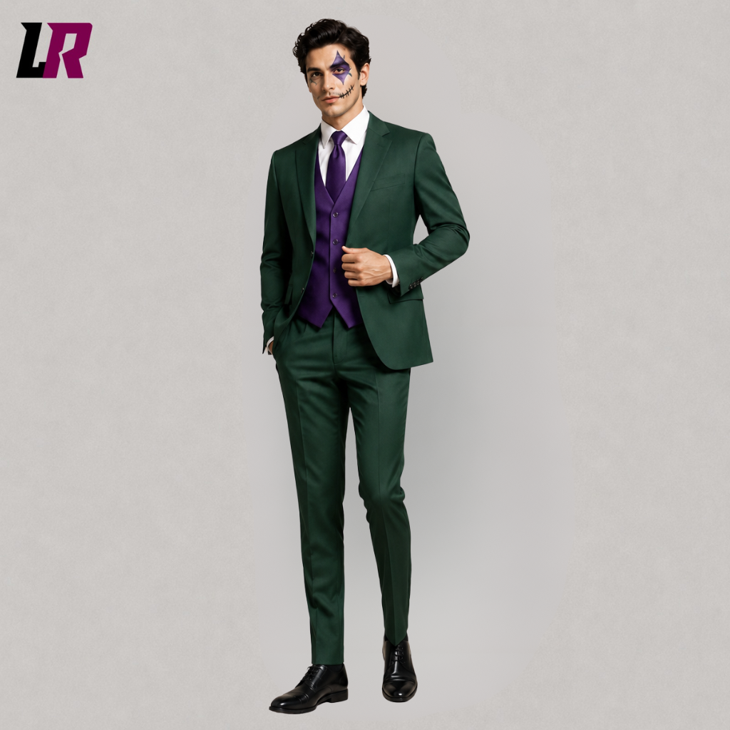 Men's green purple Joker inspired Halloween suit, 3 piece gothic formal suit, green and purple men's costume, villain inspired cosplay outfit, front view