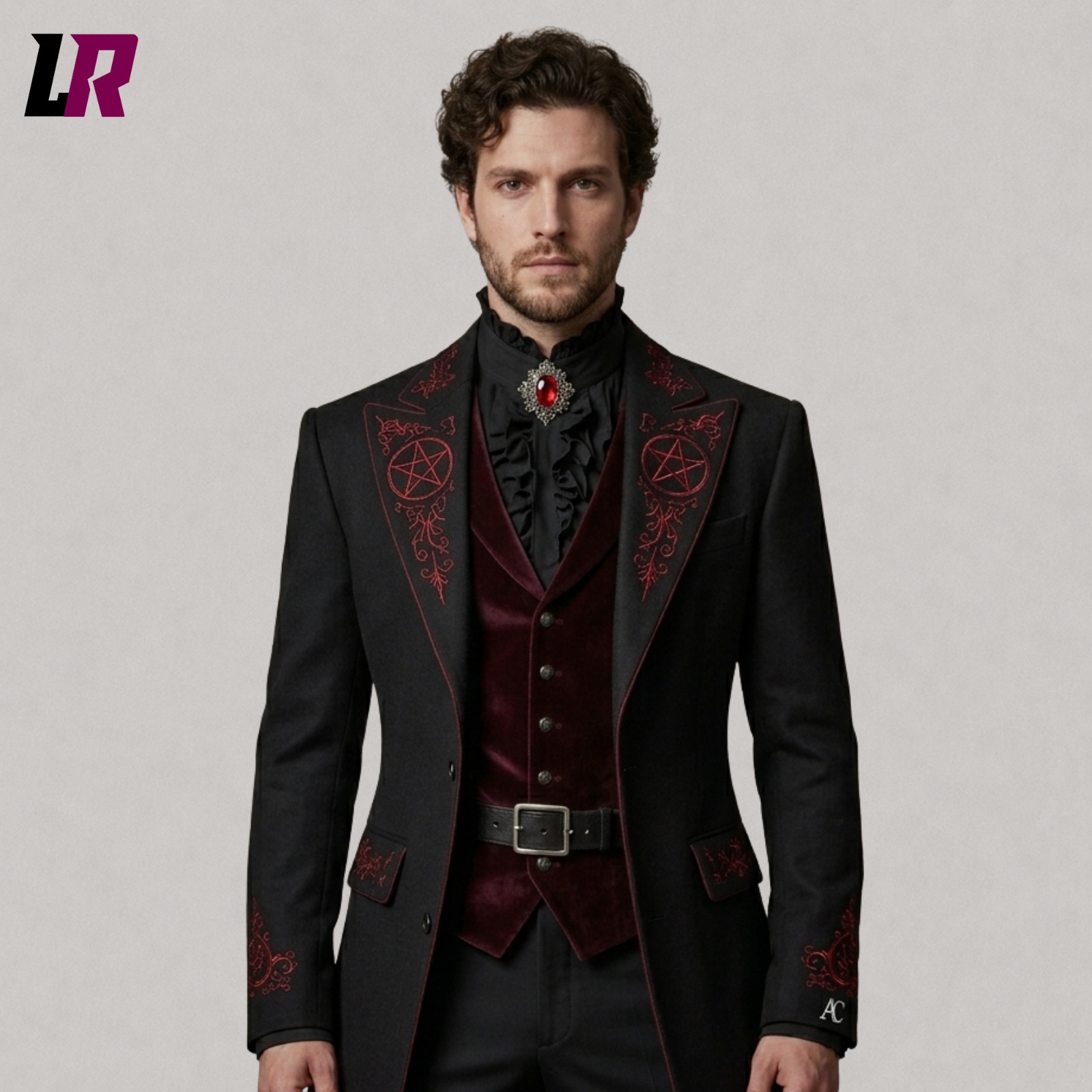 Close-up of black and red embroidered gothic vampire tailcoat with Victorian and steampunk details
