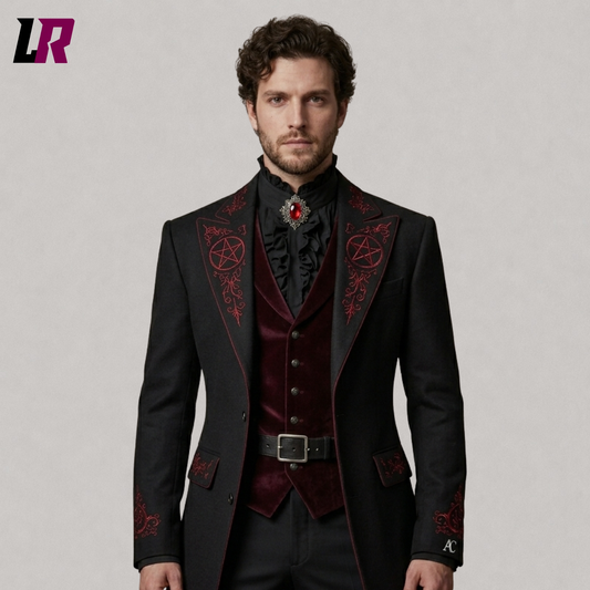 Close-up of black and red embroidered gothic vampire tailcoat with Victorian and steampunk details