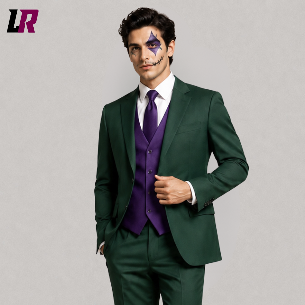 Close-up of men's green purple Joker Halloween costume, Joker inspired 3 piece suit, gothic formalwear, villain inspired men's cosplay outfit