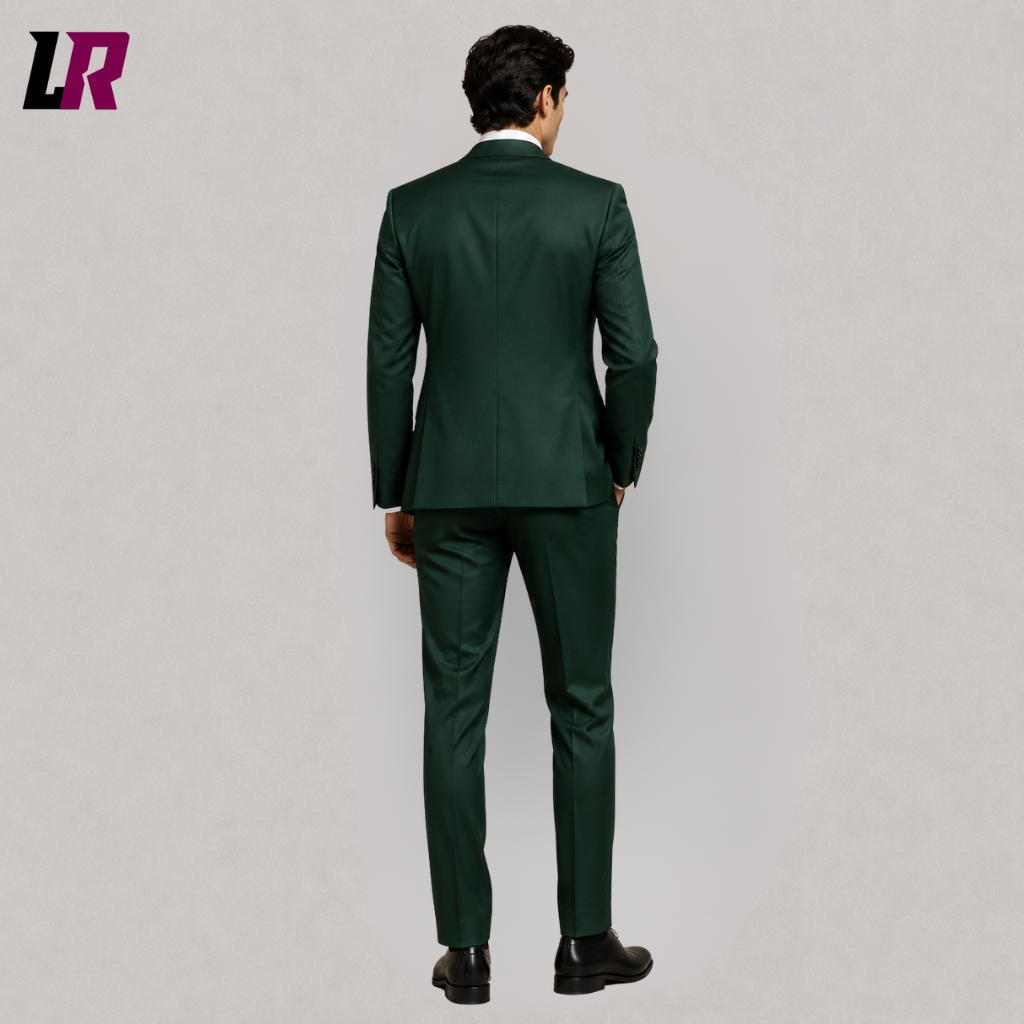 Back view of men's green purple Joker inspired Halloween suit, gothic 3 piece formal costume, green purple men's suit, villain cosplay outfit