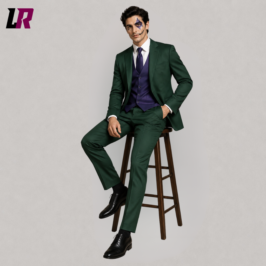 Man sitting on stool wearing green purple Joker inspired Halloween suit, men's 3 piece gothic costume, villain inspired formal cosplay outfit