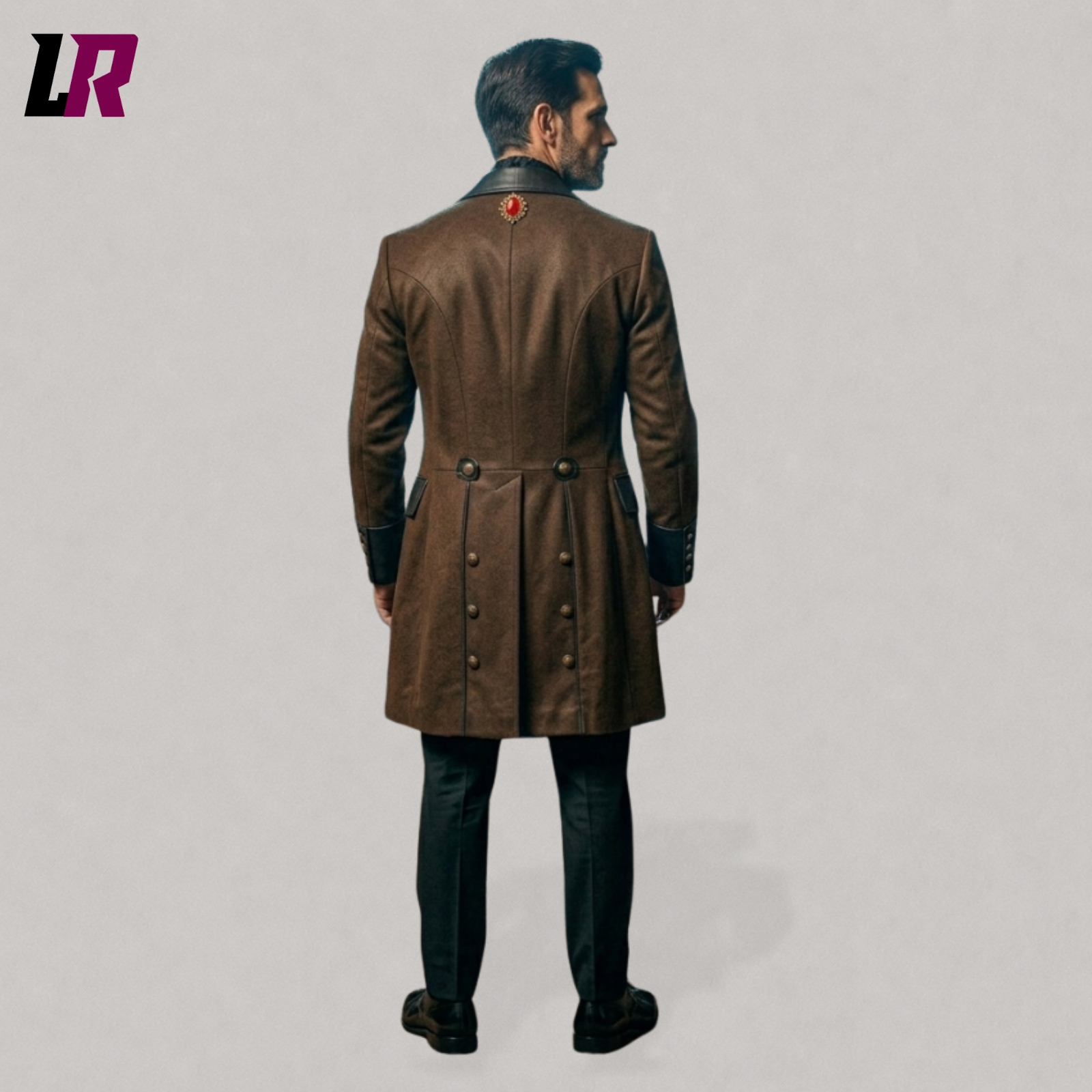 Back view of a brown Victorian gothic tailcoat with elegant long-tail Victorian design