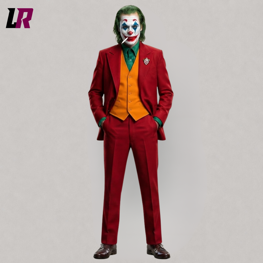 Men's red Joker inspired Halloween suit, red 3 piece suit with orange waistcoat, villain inspired formal wear, Joker cosplay costume for men, front view