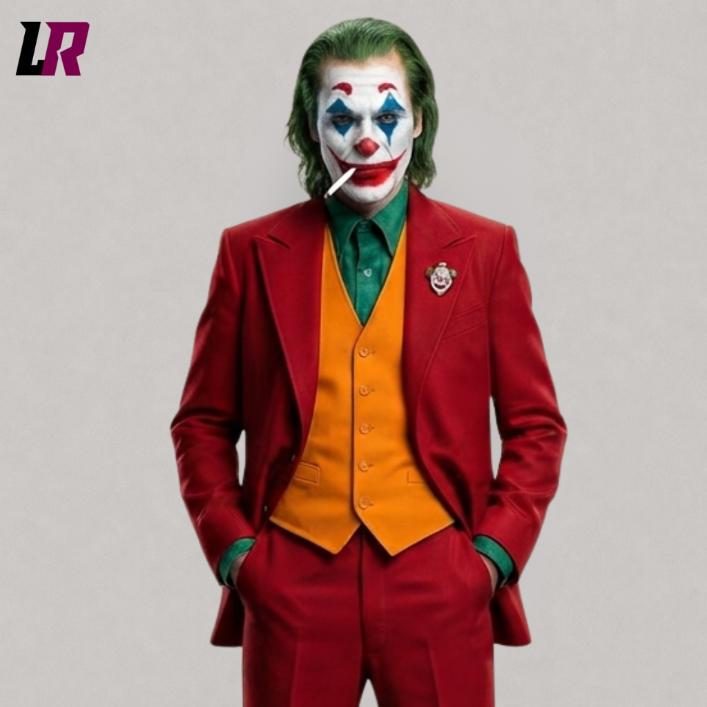 Close-up of men's red Joker Halloween costume, red 3 piece formal suit with orange waistcoat, Joker inspired villain cosplay outfit, tailored menswear