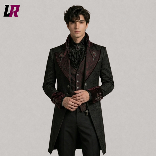 Close-up of a men's black Gothic Victorian tailcoat suit with elegant formal detailing