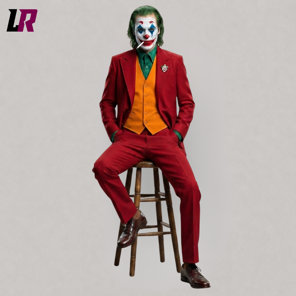 Man sitting on stool wearing red Joker inspired Halloween suit, men's red 3 piece costume with orange waistcoat, villain inspired formal cosplay outfit