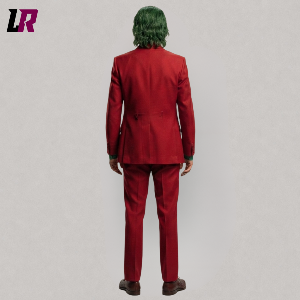 Back view of men's red Joker inspired Halloween suit, red 3 piece formal costume, orange waistcoat, villain inspired men's cosplay and gothic formalwear