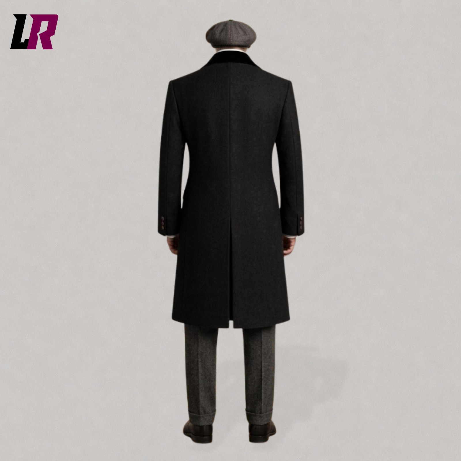 Back view of men's vintage tweed 3 piece suit with black overcoat and flat cap, classic 1920s style outfit
