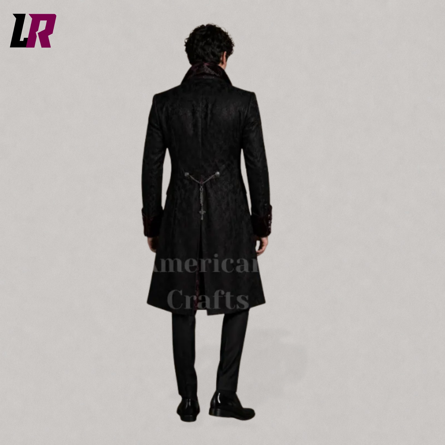 Back view of a men's black Gothic Victorian tailcoat suit with classic formal tailcoat design
