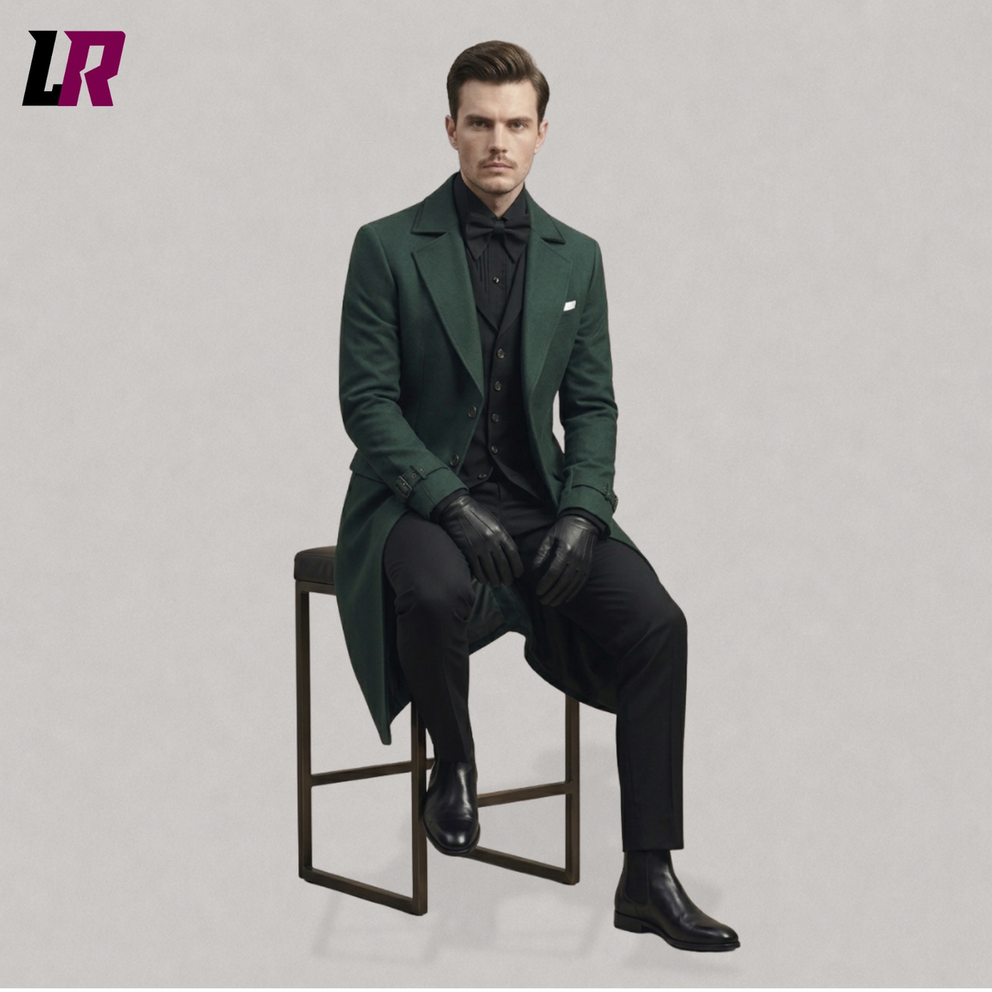 Full body seated portrait of a man wearing a dark green Victorian tailcoat and steampunk formal coat