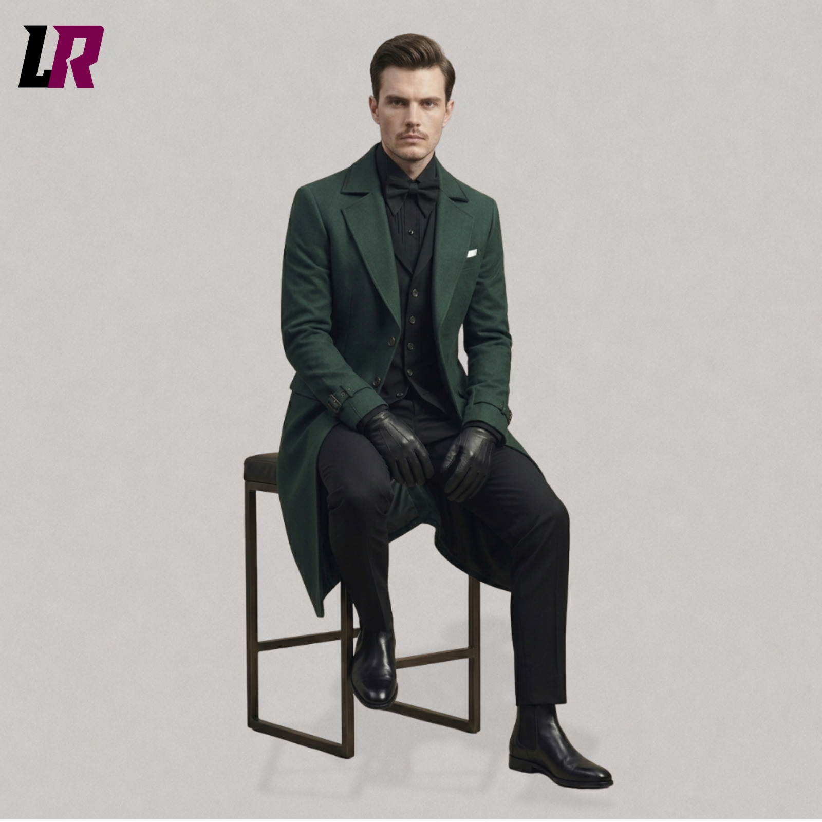 Full body seated portrait of a man wearing a dark green Victorian tailcoat and steampunk formal coat