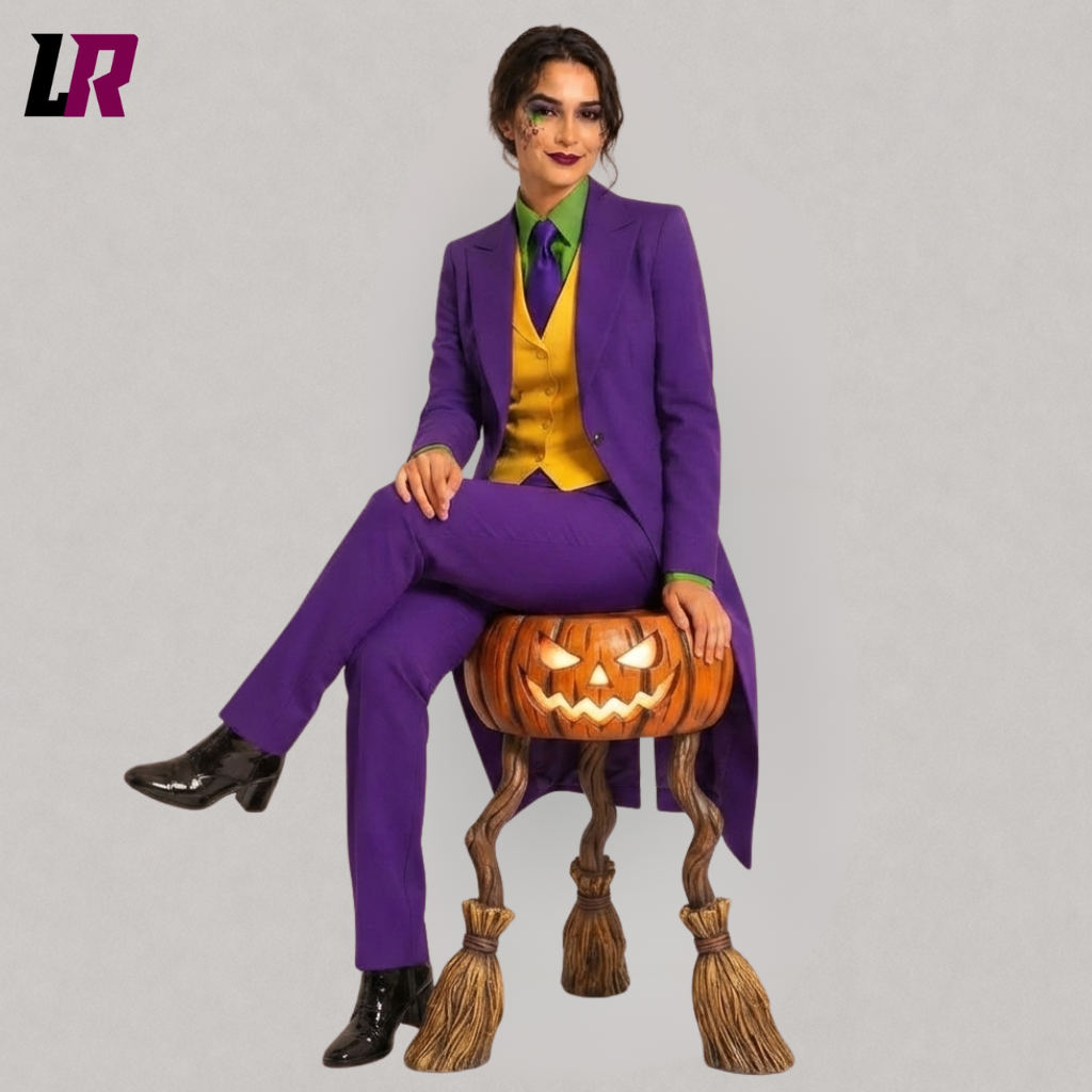 Woman sitting on stool wearing a purple Joker inspired Halloween suit, women's purple long coat pantsuit, gothic villain cosplay costume, formal Halloween outfit