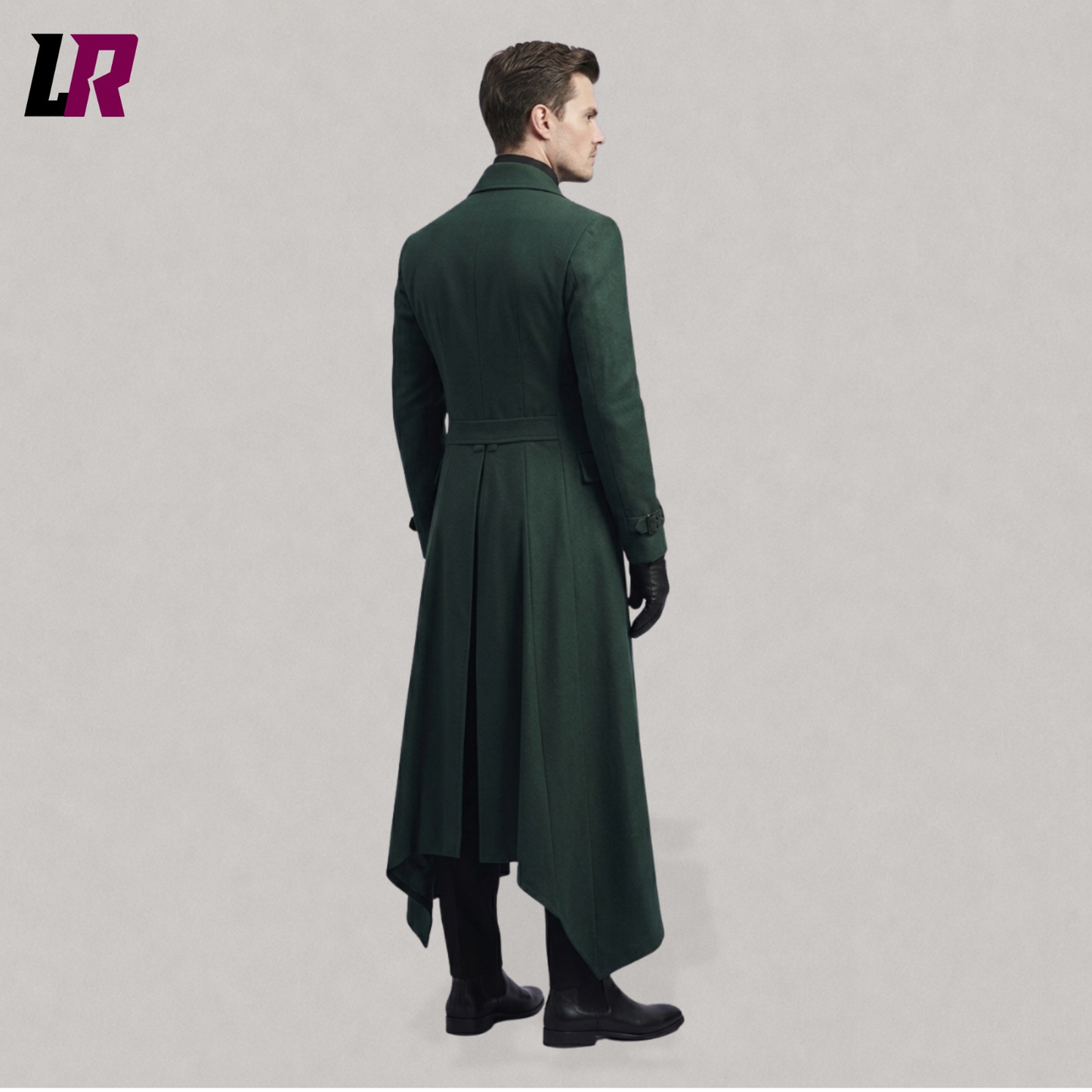 Back view of a dark green Victorian tailcoat with classic long-tail gothic design