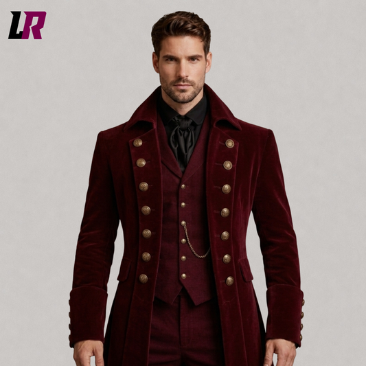 Close-up of a Victorian velvet tailcoat suit featuring elegant Gothic and Regency details