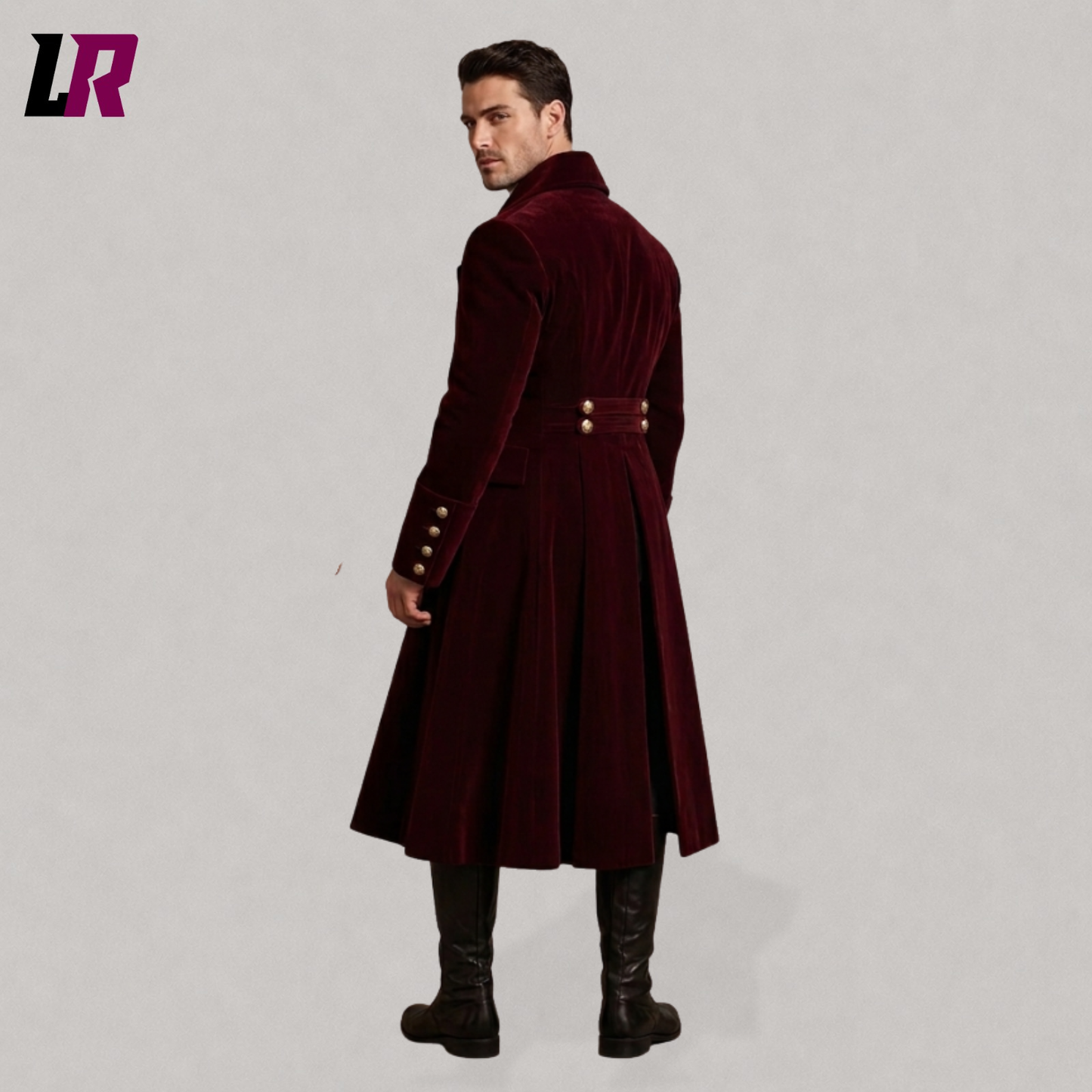 Back view of a Victorian velvet tailcoat suit with classic Regency-inspired long-tail design