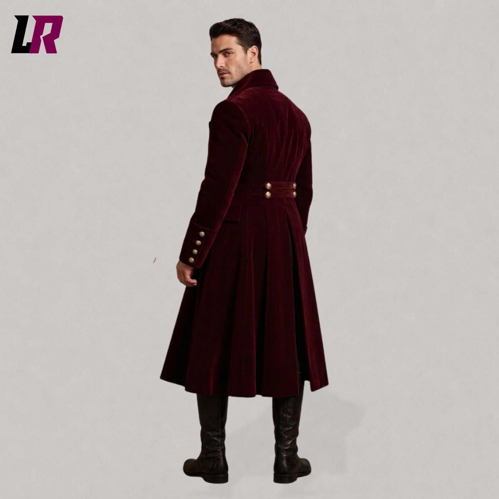 Back view of a Victorian velvet tailcoat suit with classic Regency-inspired long-tail design
