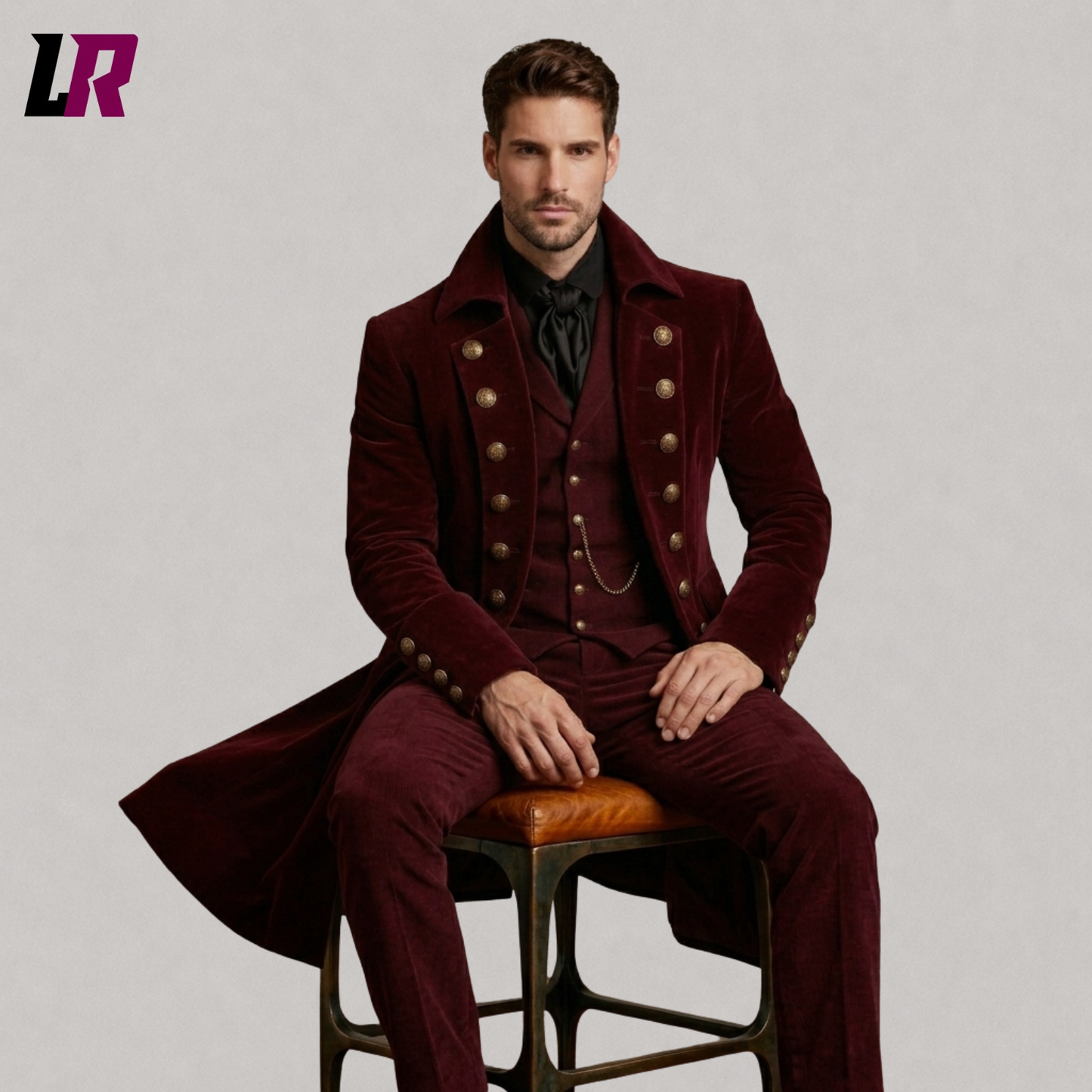 Full body seated portrait of a man wearing a Victorian velvet tailcoat suit and steampunk formal outfit