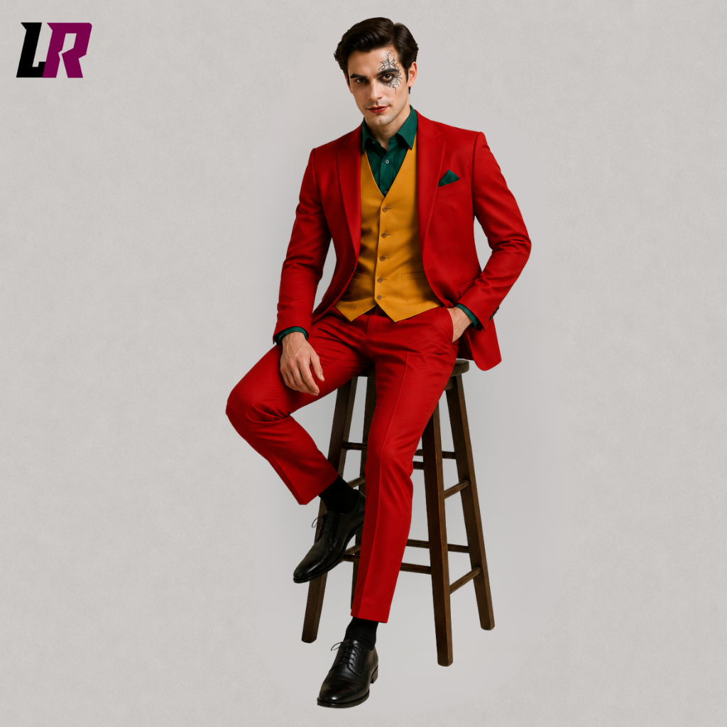 Man sitting on a stool wearing a red Joker inspired Halloween costume, men's red 3 piece cosplay suit and Gotham style formal outfit