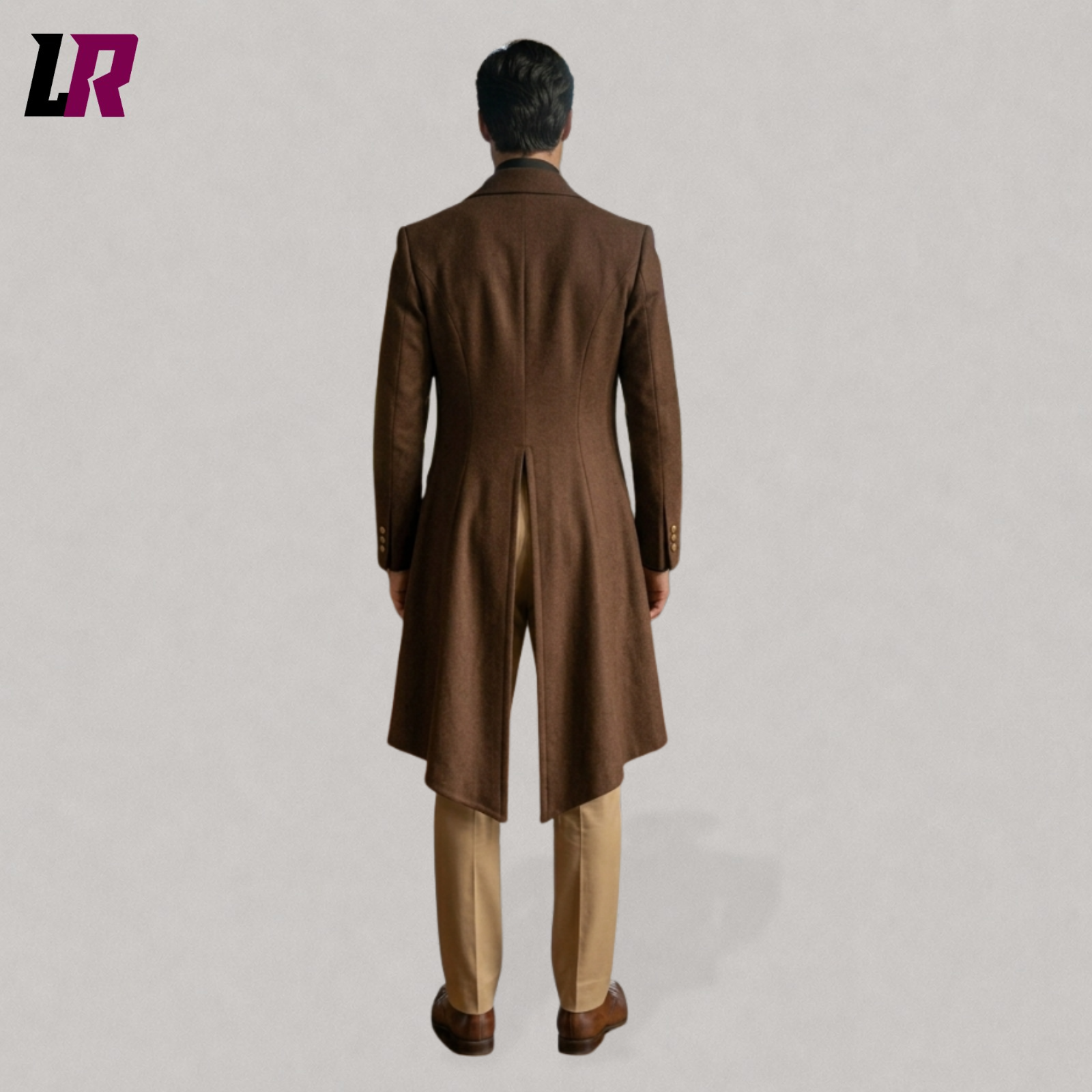 Back view of a men's brown Victorian tailcoat with classic long-tail Regency design