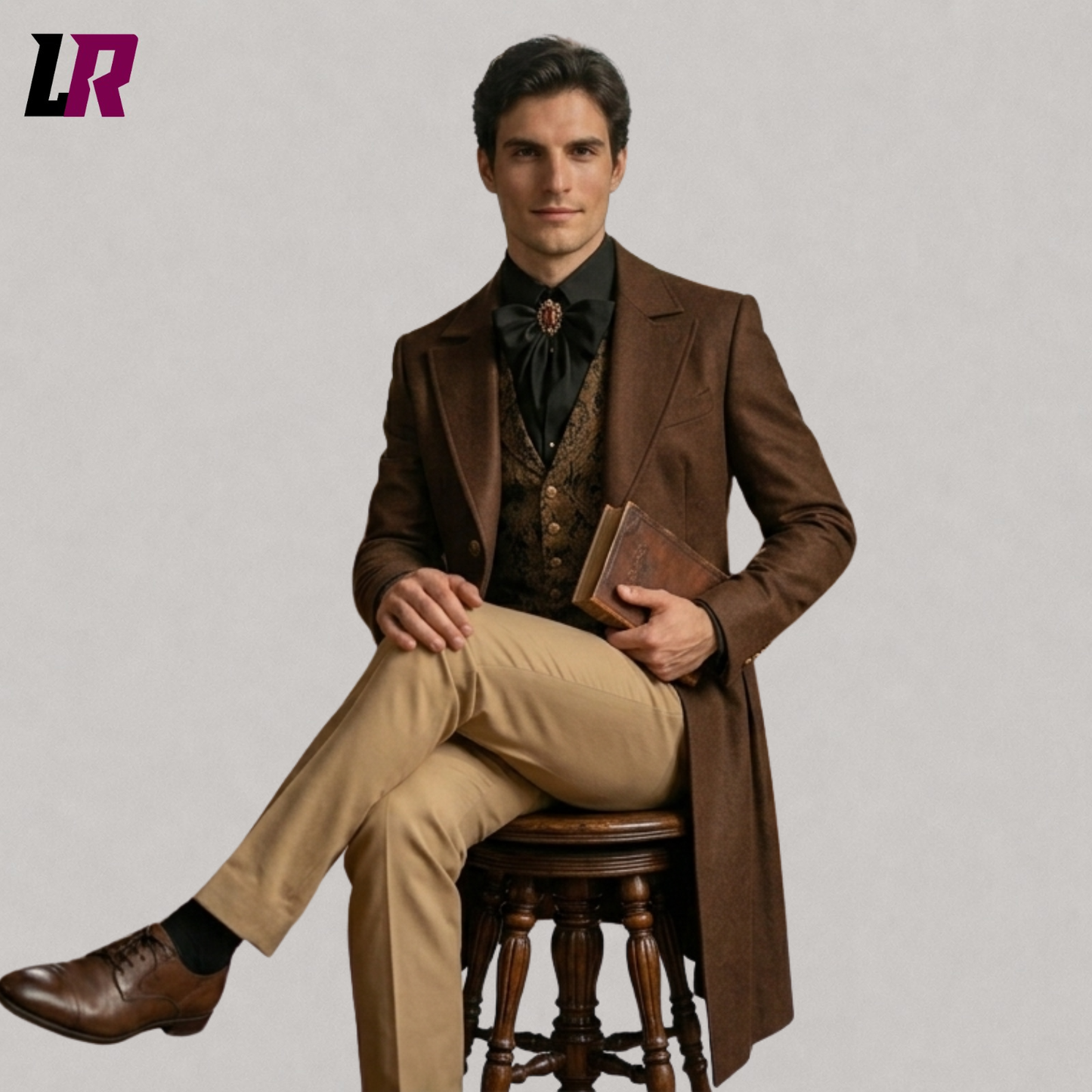 Full body seated portrait of a man wearing a brown Victorian tailcoat and steampunk formal coat