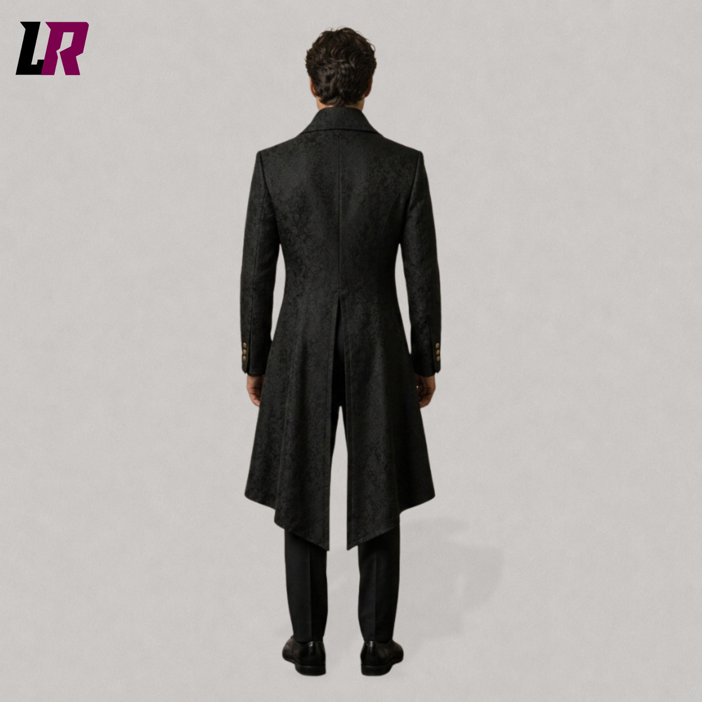 Back view of a men's black Gothic tailcoat with classic Victorian long-tail design