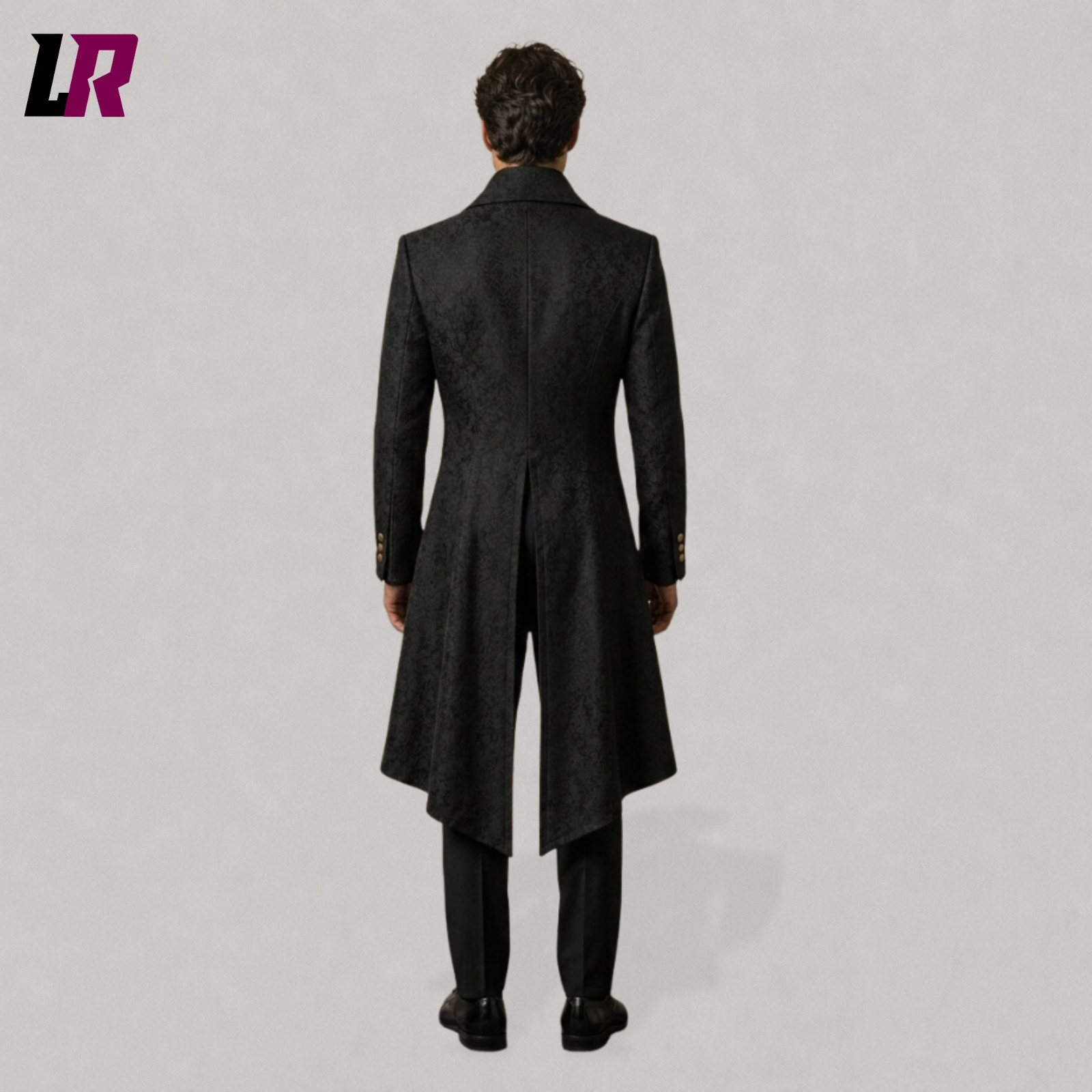 Back view of a men's black Gothic tailcoat with classic Victorian long-tail design