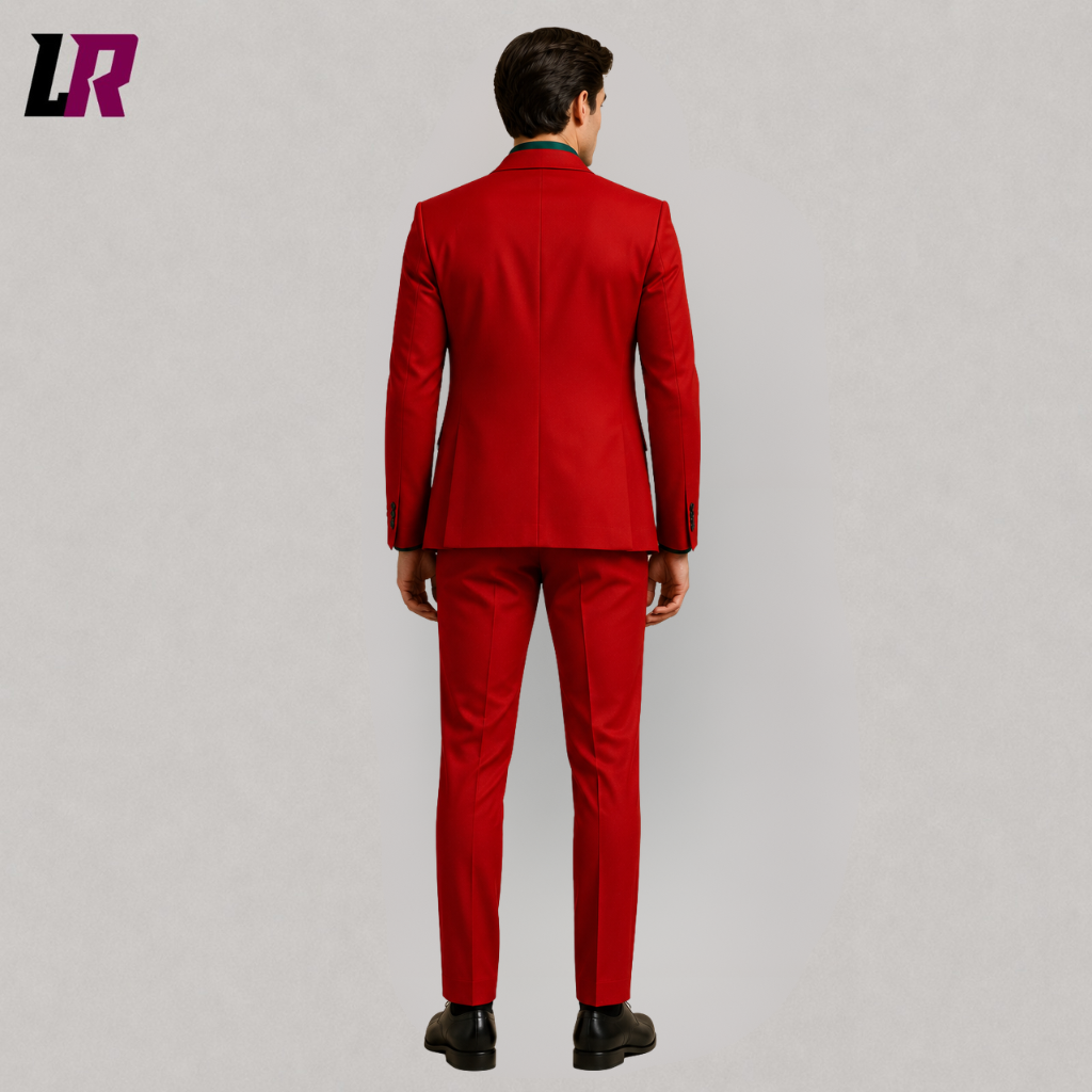 Back view of men's red Joker inspired Halloween 3 piece suit, Gotham style formal costume with tailored fit and red jacket