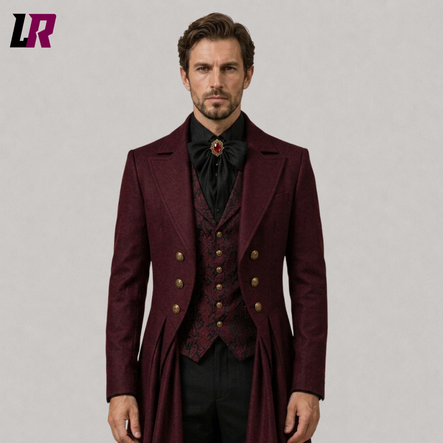 Close-up of a men's burgundy tailcoat featuring Gothic Victorian detailing and elegant tailoring