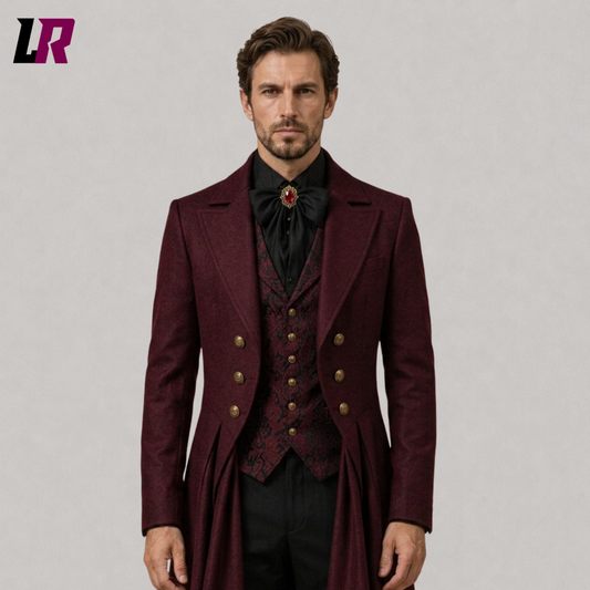 Close-up of a men's burgundy tailcoat featuring Gothic Victorian detailing and elegant tailoring