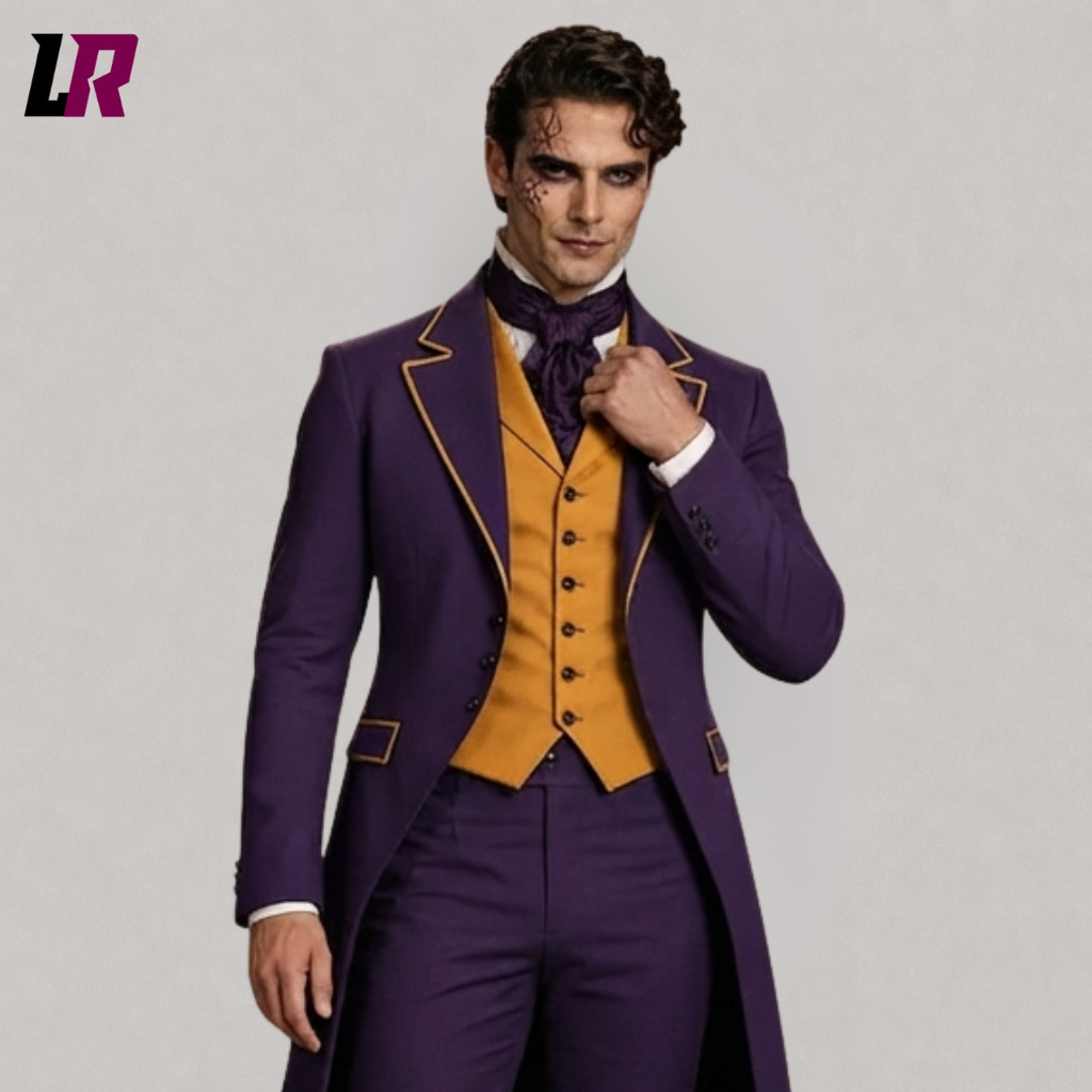 Close-up of men's purple Joker inspired Halloween costume, Victorian tailcoat suit, gothic long coat, Regency formalwear, purple men's cosplay outfit