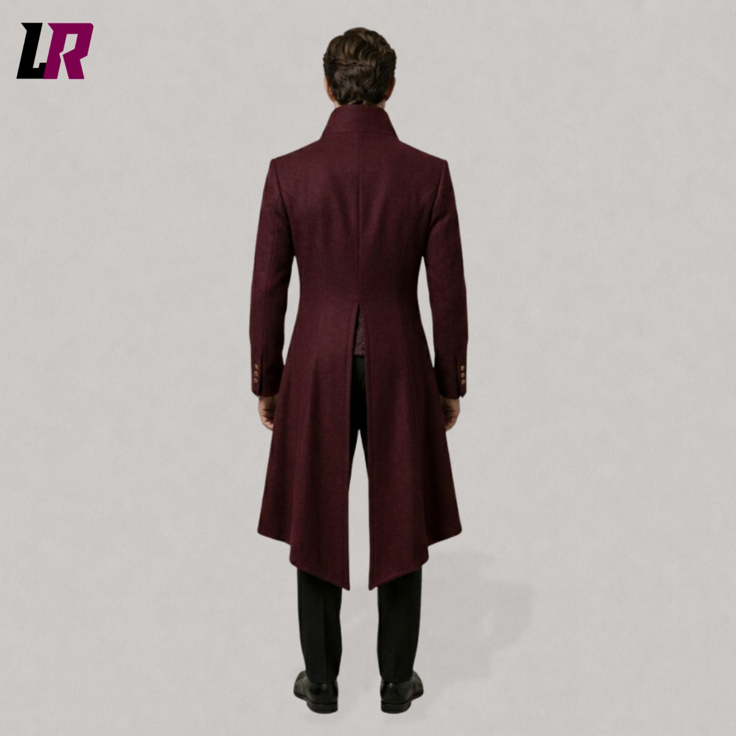 Back view of a men's burgundy Gothic Victorian tailcoat with classic long-tail design