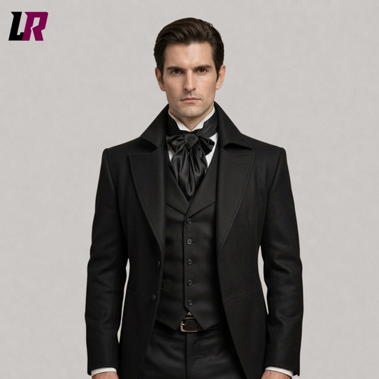 Close-up of a Victorian Gothic tailcoat suit featuring elegant Regency and steampunk details