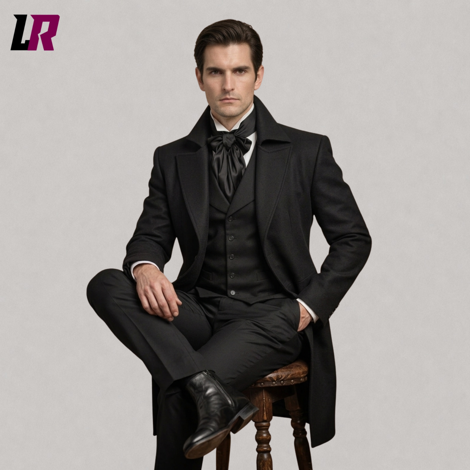 Full body seated portrait of a man wearing a black Regency tailcoat suit and Victorian formal outfit