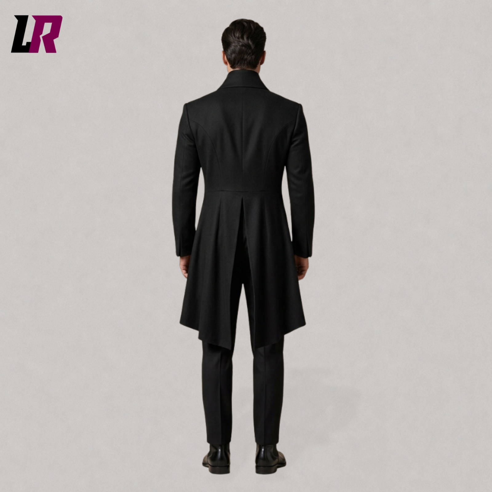 Back view of a Victorian Gothic tailcoat suit with classic Regency long-tail design