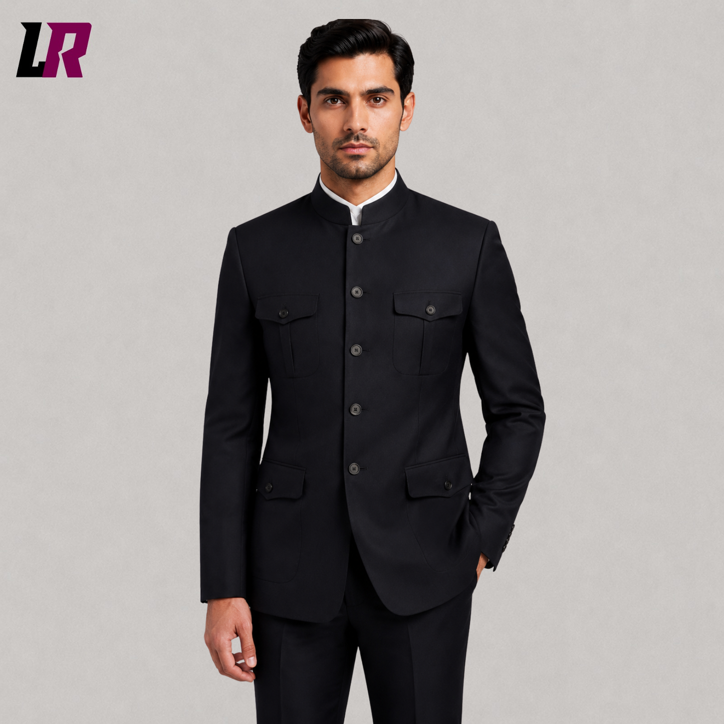 Close-up of men's black Chinese tunic suit featuring Mandarin collar and premium tailoring