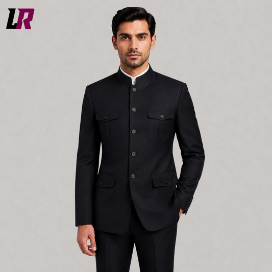 Close-up of men's black Chinese tunic suit featuring Mandarin collar and premium tailoring