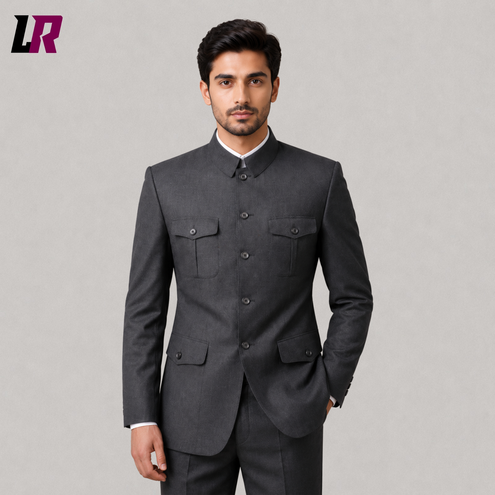 Close-up of men's grey Mandarin collar suit featuring tailored Chinese tunic jacket details