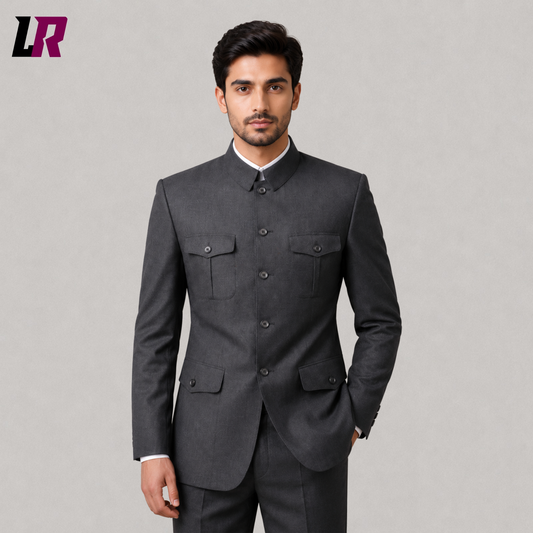 Close-up of men's grey Mandarin collar suit featuring tailored Chinese tunic jacket details